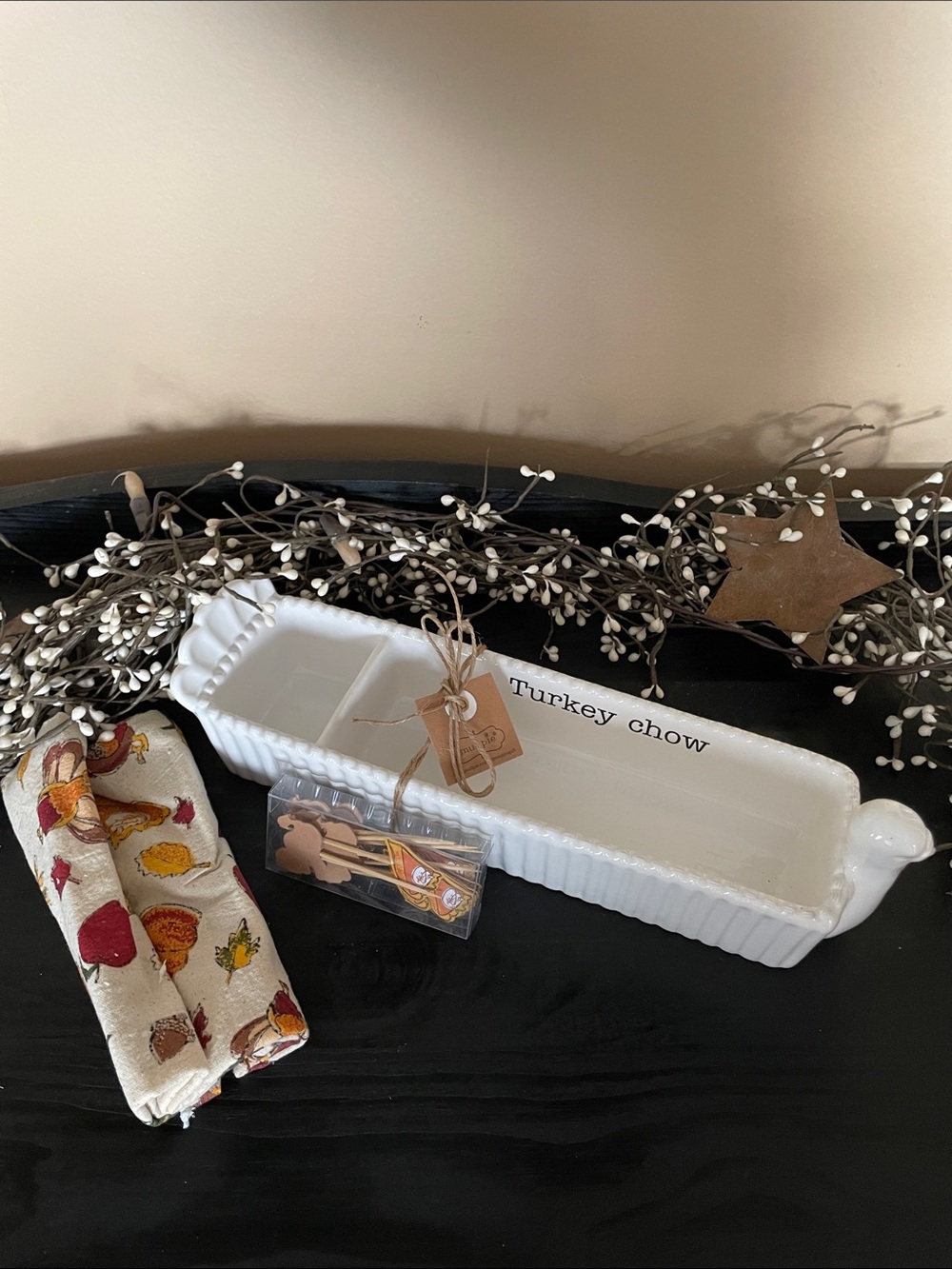 NWT Mud Pie ‘Turkey Chow’ Rustic Ceramic Serving Dish-Cracker/Snack/Dip Set-12”